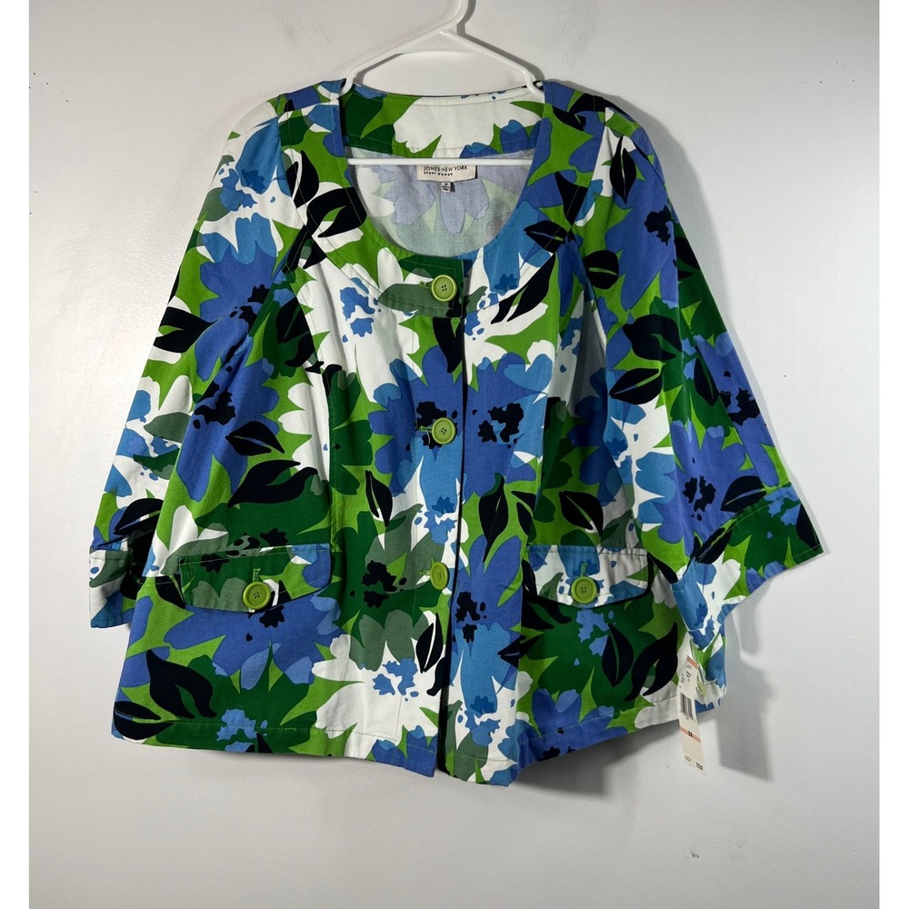 Jones New York Floral Heavyweight Cotton Canvas‎ Jacket 2X Cotton NWT 3/4 Sleeve